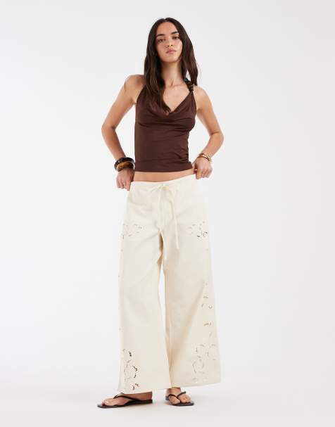 ASOS DESIGN denim embroidered trouser co-ord in ecru - view 1