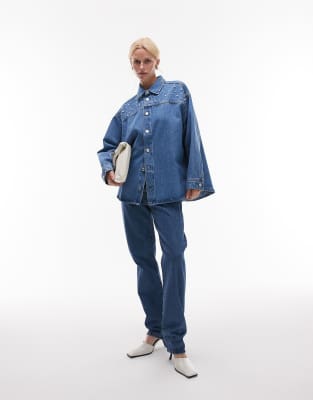 Asos Design Denim Faux Pearl Detailing Oversized Shirt