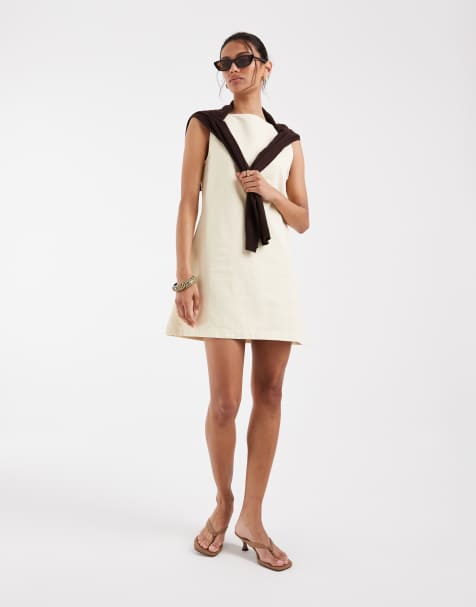 ASOS DESIGN denim fit and flare mini dress in buttermilk - view 1