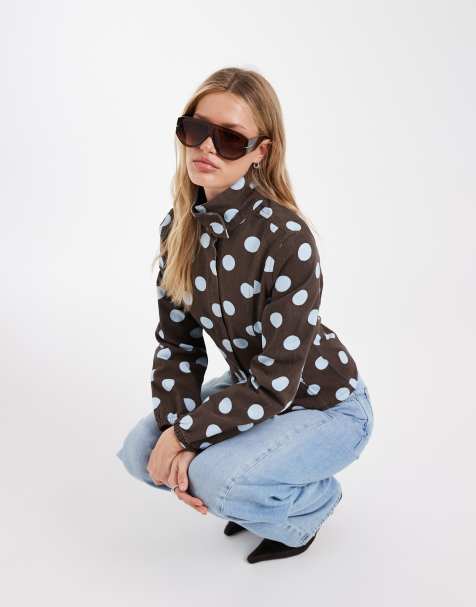 ASOS DESIGN denim fitted funnel neck jacket in brown and blue polka dot - view 1