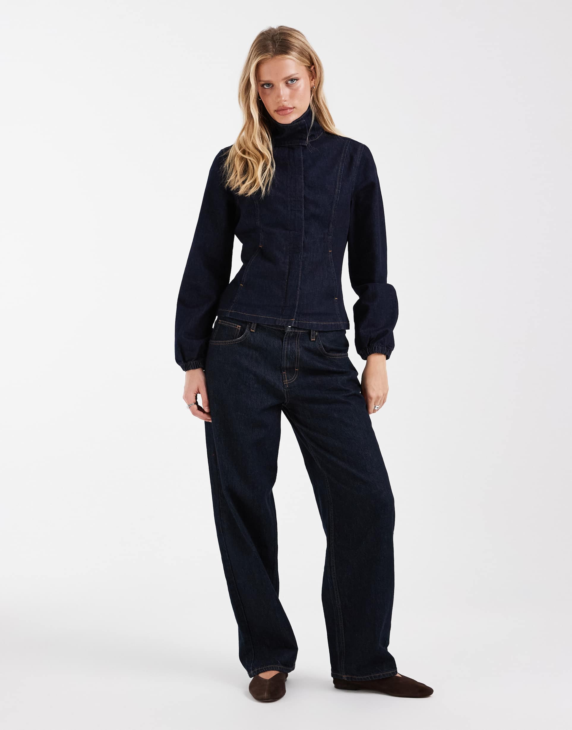 asos design denim fitted funnel neck jacket in indigo