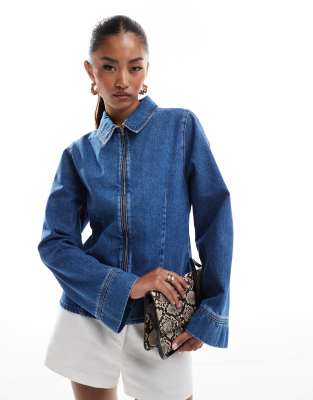 Asos Design Denim Fitted Harrington Jacket In Mid Blue