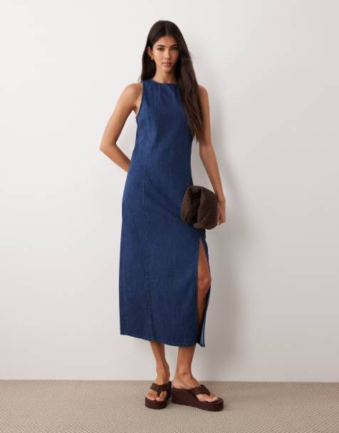 ASOS DESIGN denim fitted midi dress in rich mid blue - view 1
