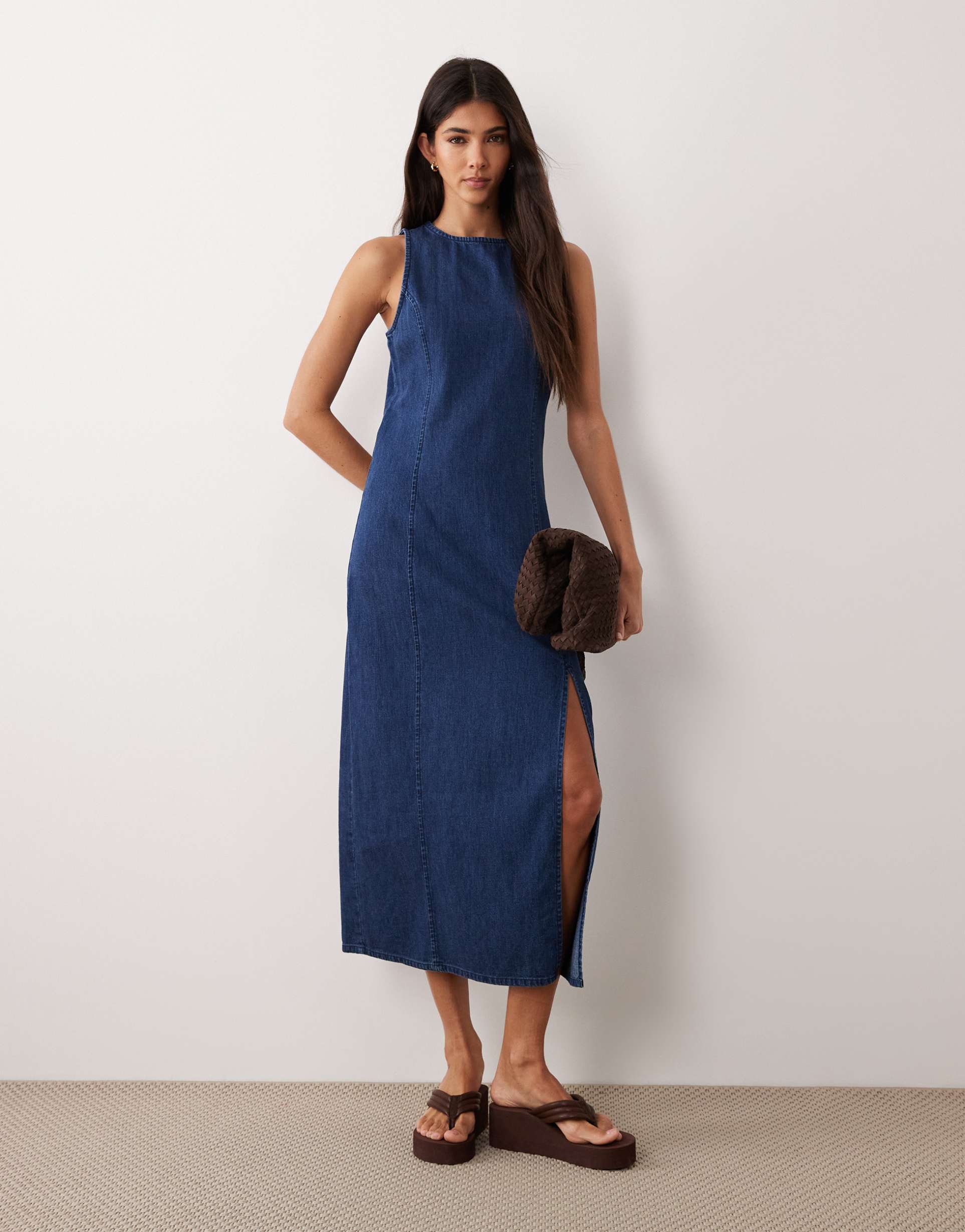 asos design denim fitted midi dress in rich mid blue