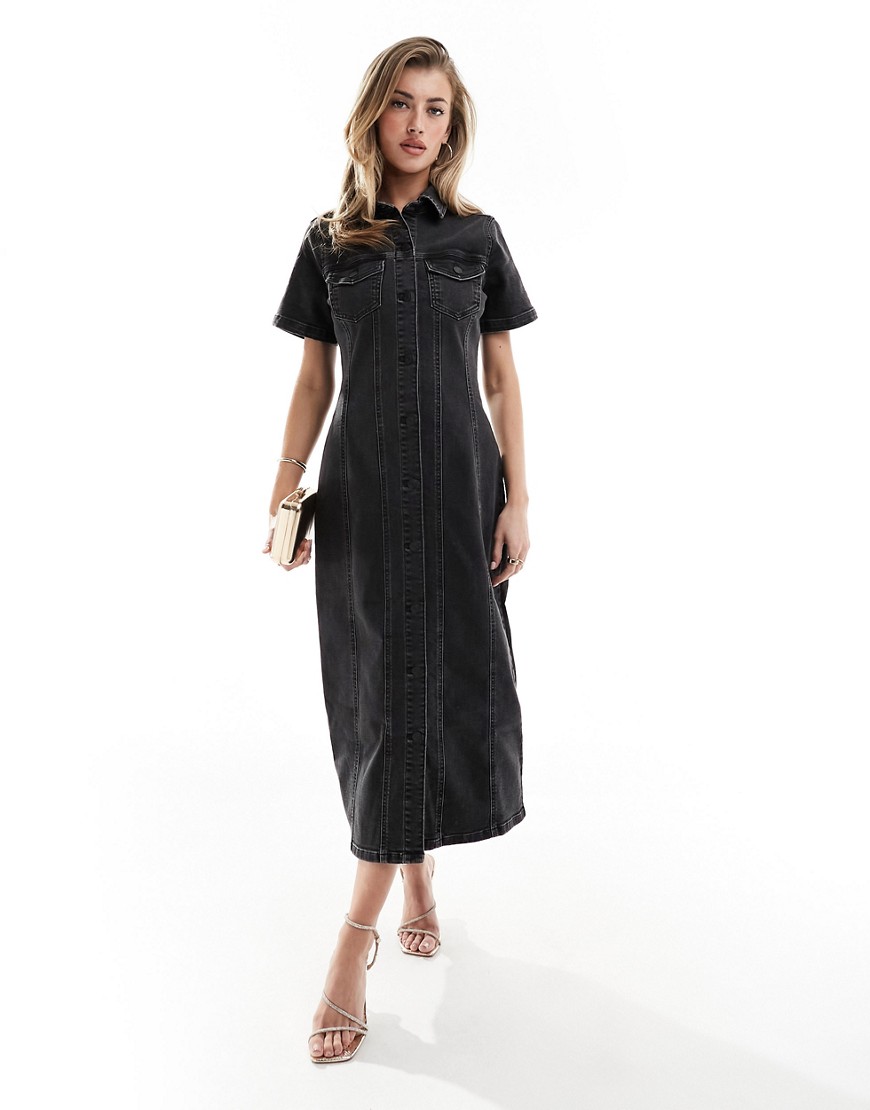 Asos Design Denim Fitted Midi Shirt Dress In Wash Black