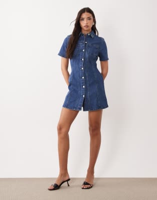 ASOS DESIGN denim fitted mini shirt dress in rich blue