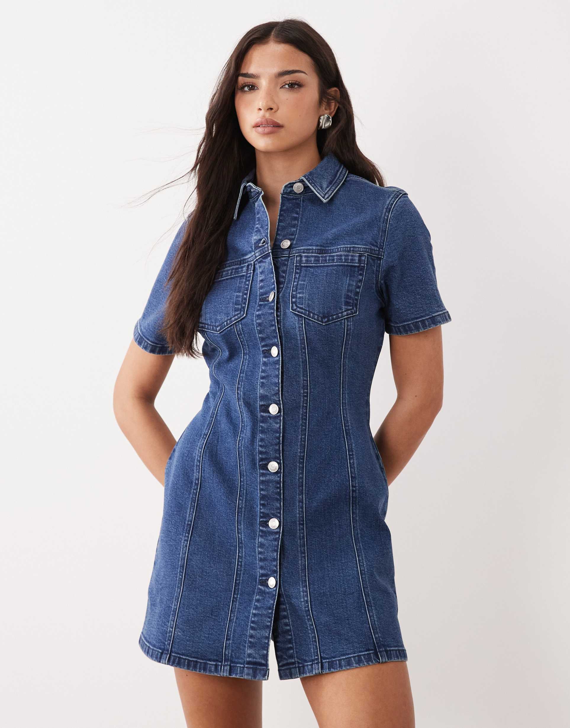asos design denim fitted mini shirt dress in rich blue