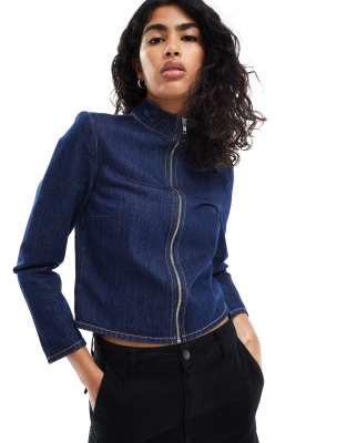 Asos Design Denim Fitted Moto Jacket In Indigo-blue