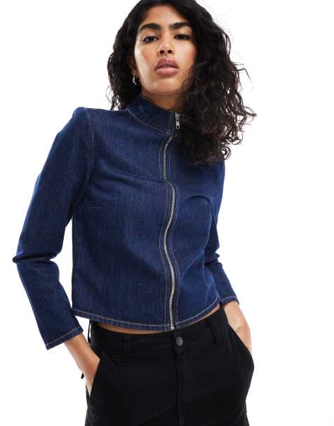 ASOS DESIGN denim fitted moto jacket in indigo - view 1