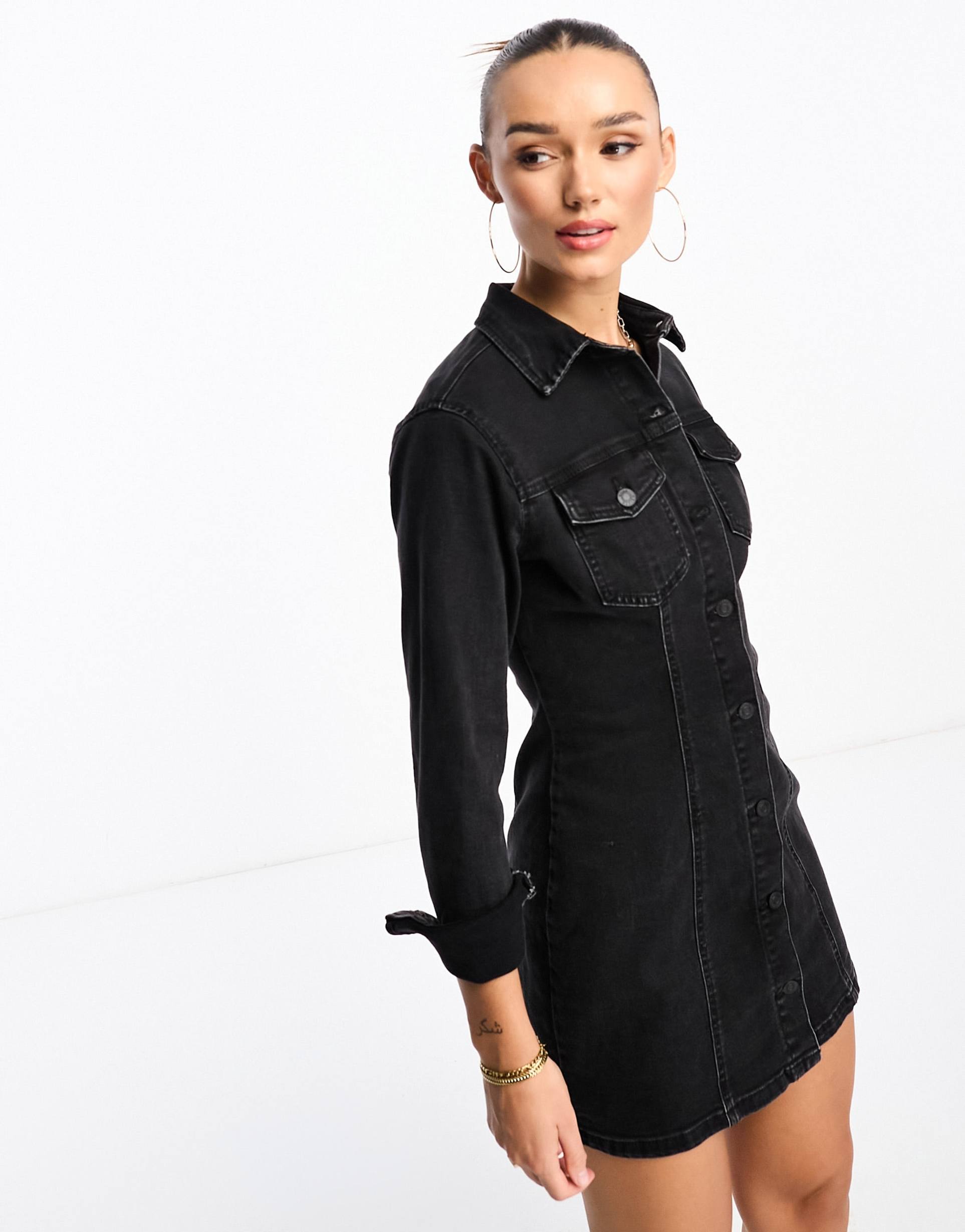 asos design denim fitted shirt dress in black