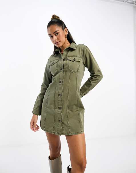 ASOS DESIGN denim fitted shirt dress in khaki - view 1