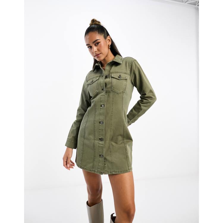 ASOS DESIGN denim fitted shirt dress in khaki ASOS