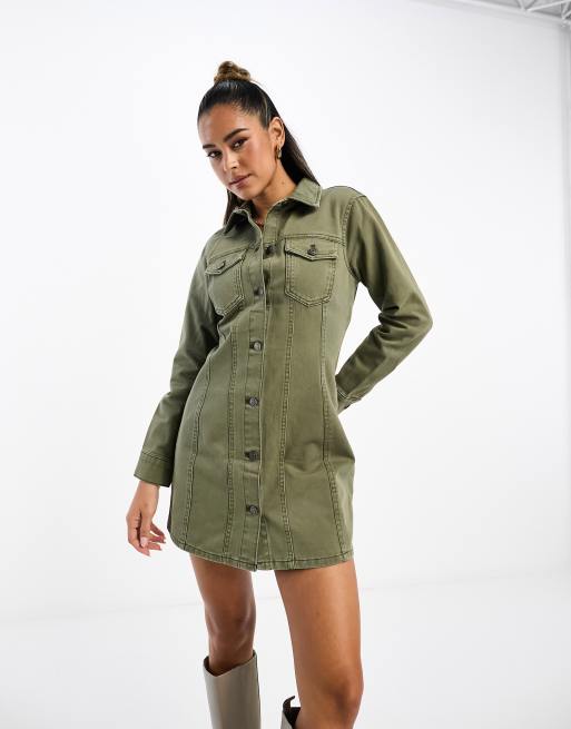 ASOS DESIGN denim fitted shirt dress in khaki | ASOS