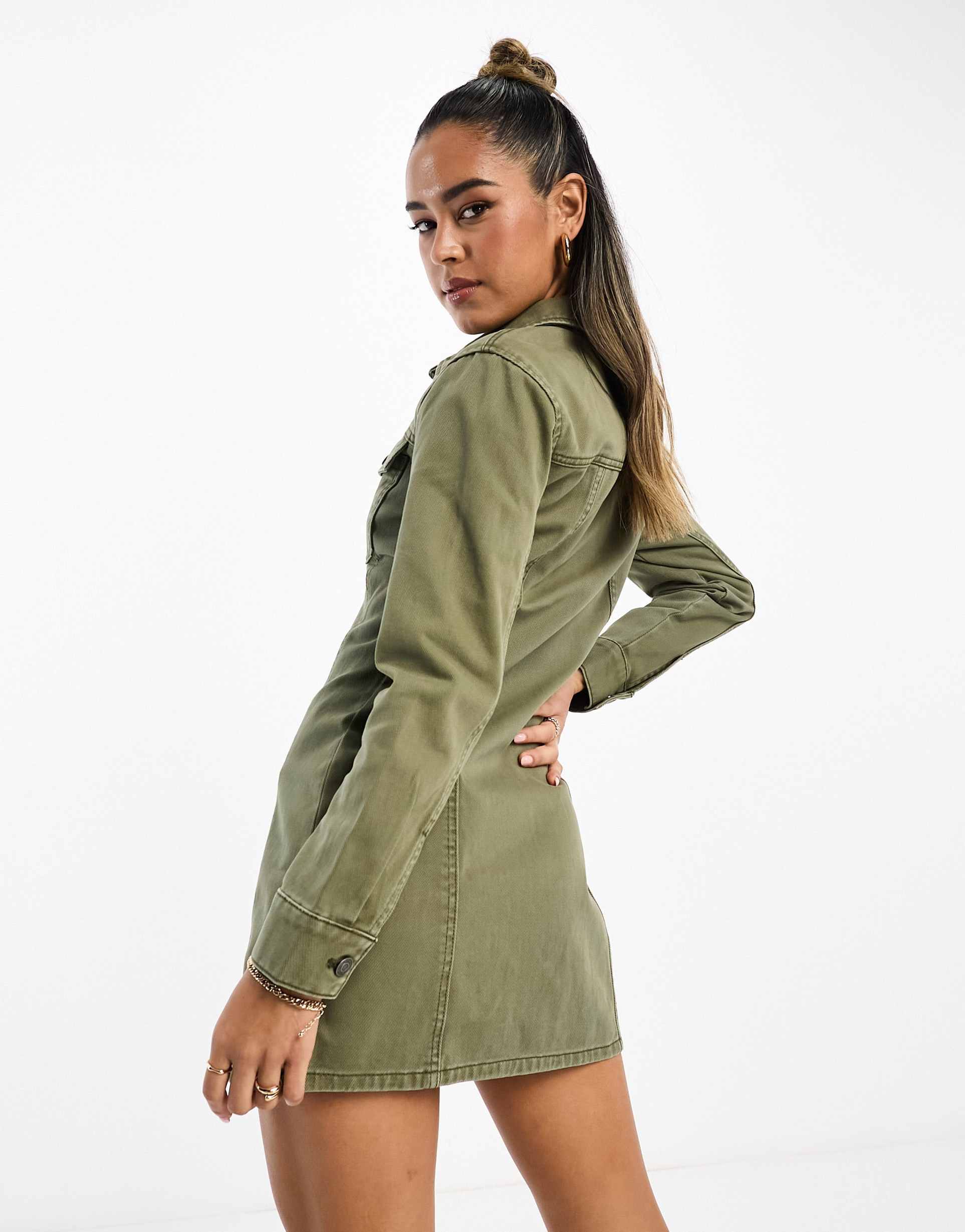 asos design denim fitted shirt dress in khaki