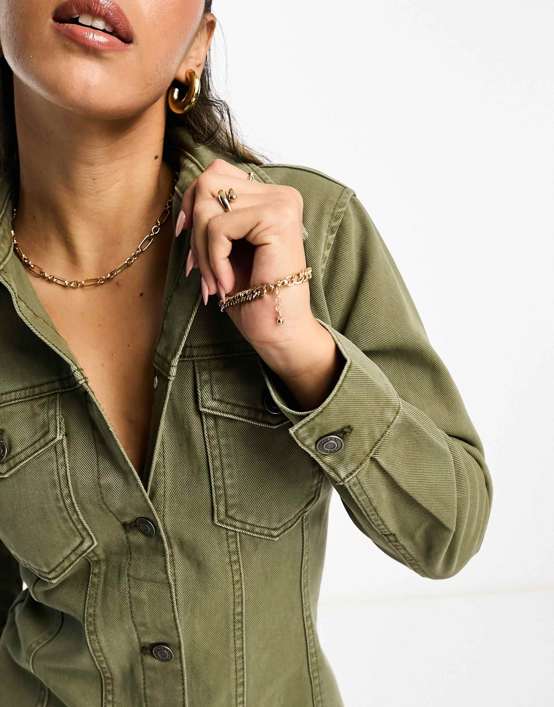 asos design denim fitted shirt dress in khaki