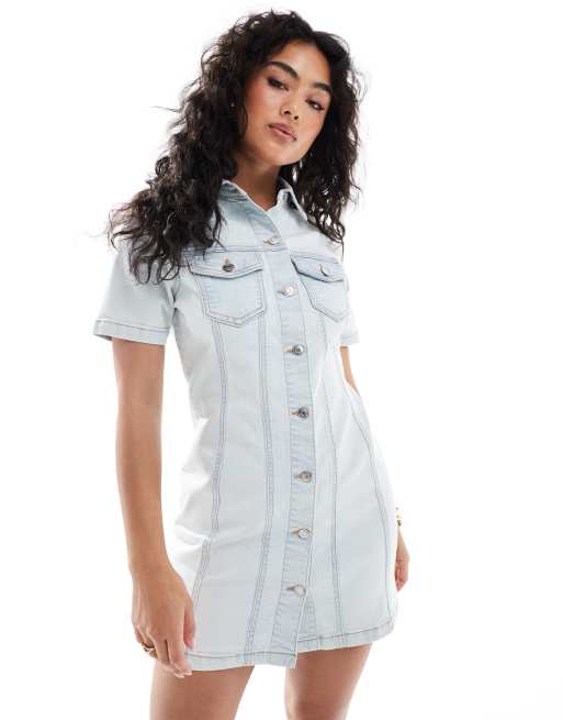 ASOS DESIGN denim fitted shirt dress in pale