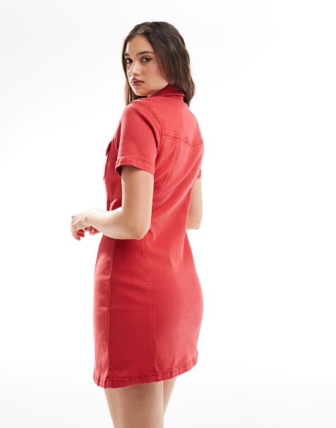 ASOS DESIGN denim fitted shirt dress in red - view 2