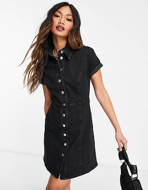 Dresses denim fitted shirt dress with short sleeves in washed black 