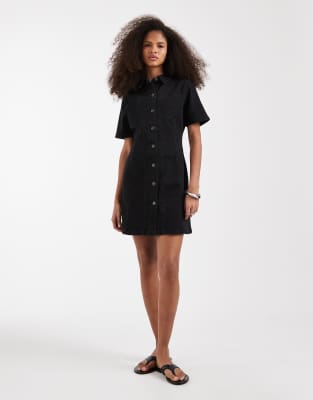 Asos Design Denim Fitted Shirt Mini Dress In Black