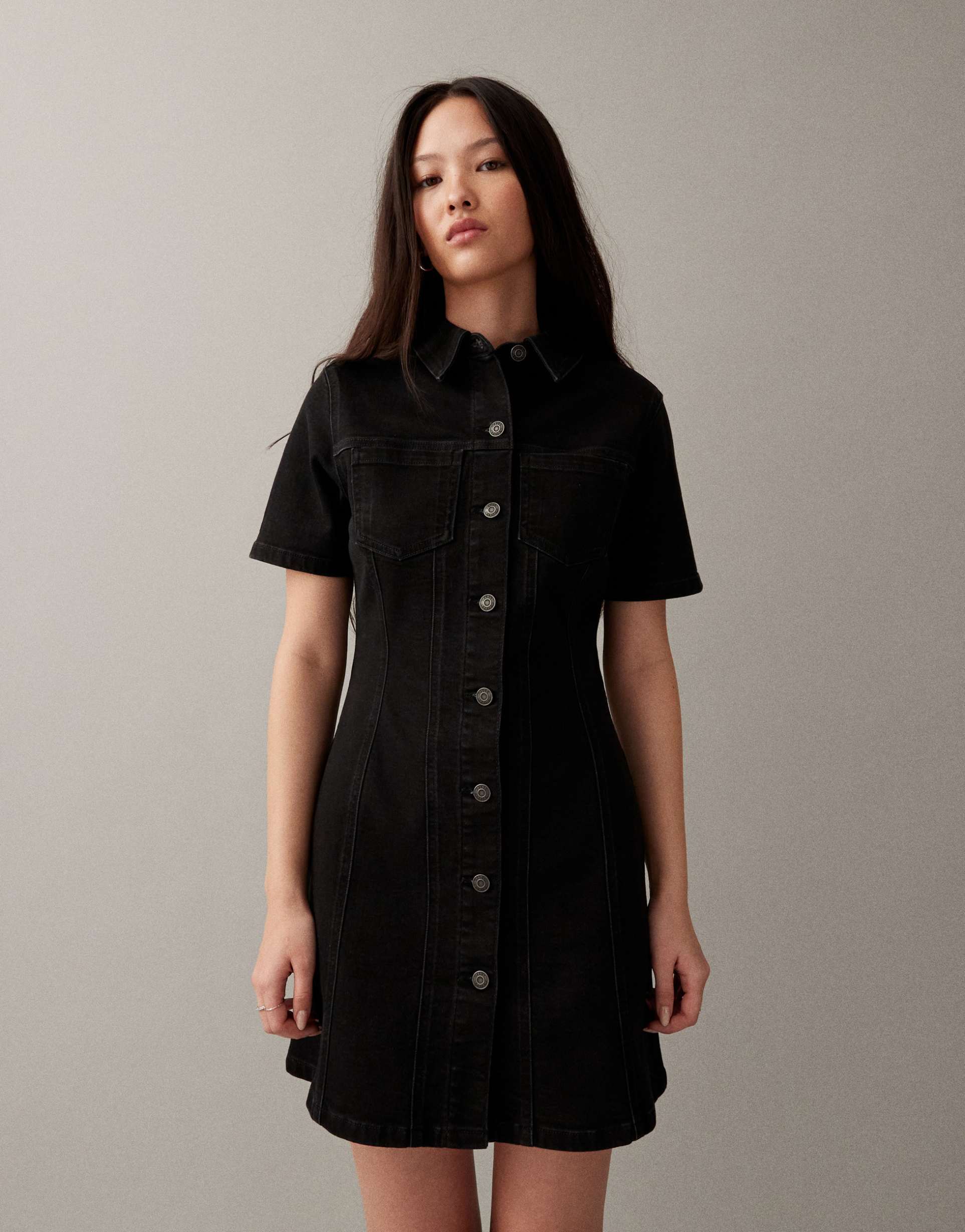 asos design denim fitted shirt mini dress in black