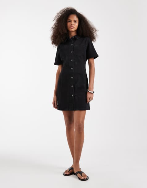 ASOS DESIGN denim fitted shirt mini dress in black