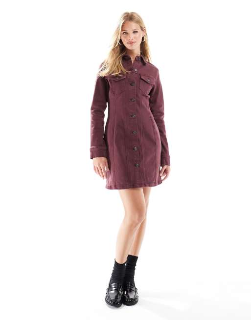ASOS DESIGN denim fitted shirt mini dress in burgundy