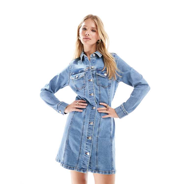 ASOS DESIGN denim fitted shirt mini dress in mid blue ASOS