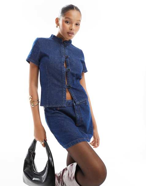ASOS DESIGN denim fitted shirt with fastening in indigo - view 1