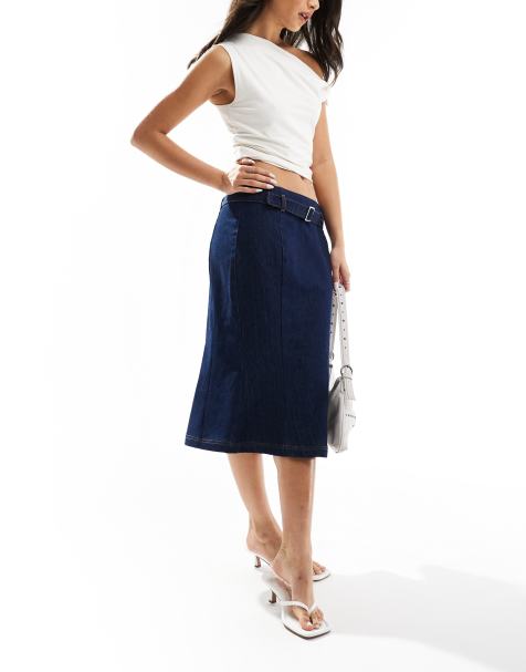 ASOS DESIGN denim fitted skirt with mini belt in indigo - view 1
