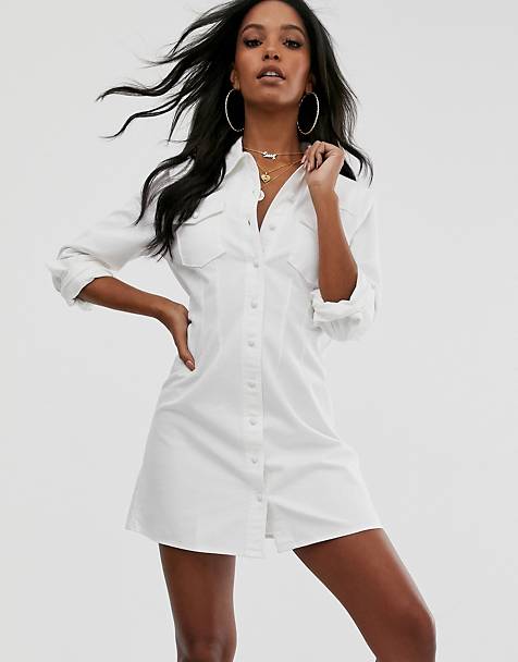 ASOS DESIGN denim fitted western shirt dress in white