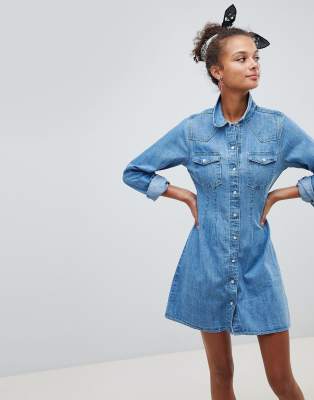 ASOS DESIGN Denim Fitted Western Shirt Dress With Seam Detail In Midwash Blue ASOS