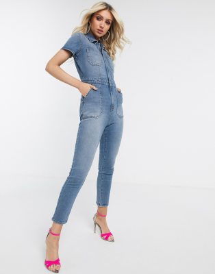 denim zip front jumpsuit