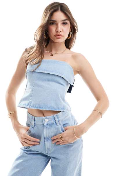 ASOS DESIGN denim fold over bandeau in bleach - view 1