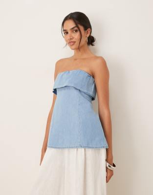 ASOS DESIGN denim fold over bandeau top in light blue - view 1