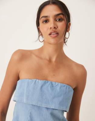 Asos Design Denim Fold Over Bandeau Top In Blue