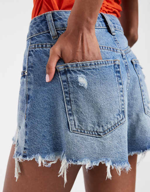 ASOS DESIGN denim frayed hem micro shorts in mid blue, 2 of 5