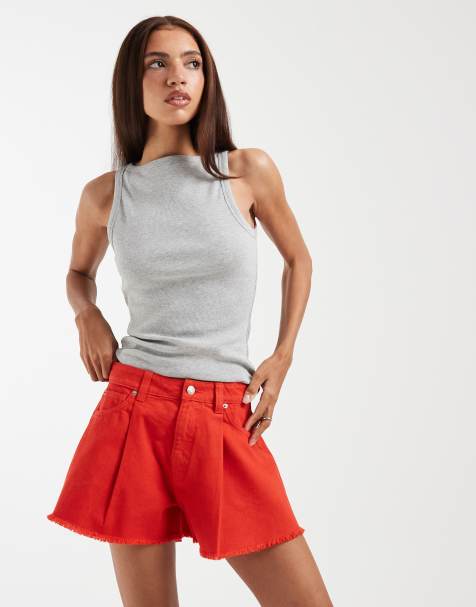 ASOS DESIGN denim frayed hem short in red - view 1
