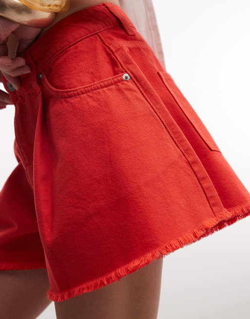 ASOS DESIGN denim frayed hem short in red, 2 of 5