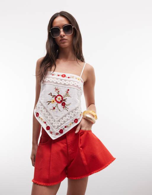 ASOS DESIGN denim frayed hem short in red, 4 of 5