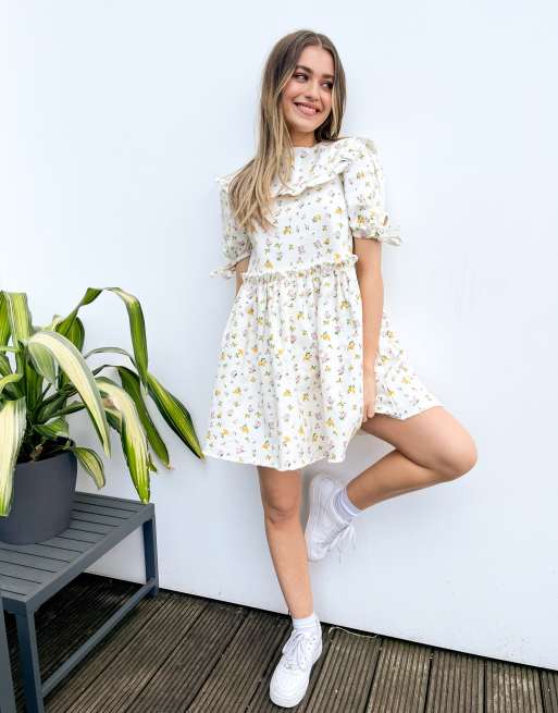 ASOS DESIGN denim frill collar smock dress in ditsy floral print