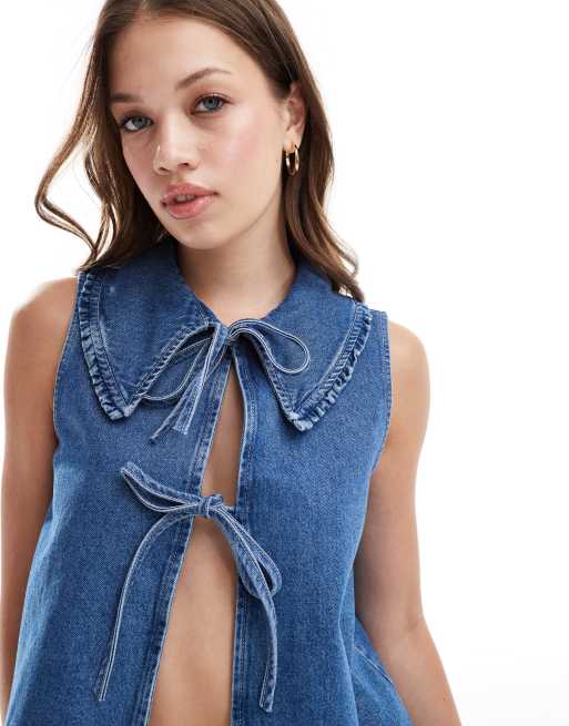 ASOS DESIGN denim frill collar tie front top in mid blue | ASOS