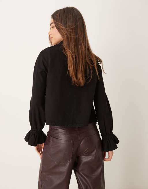 ASOS DESIGN denim frill collar top in black | ASOS