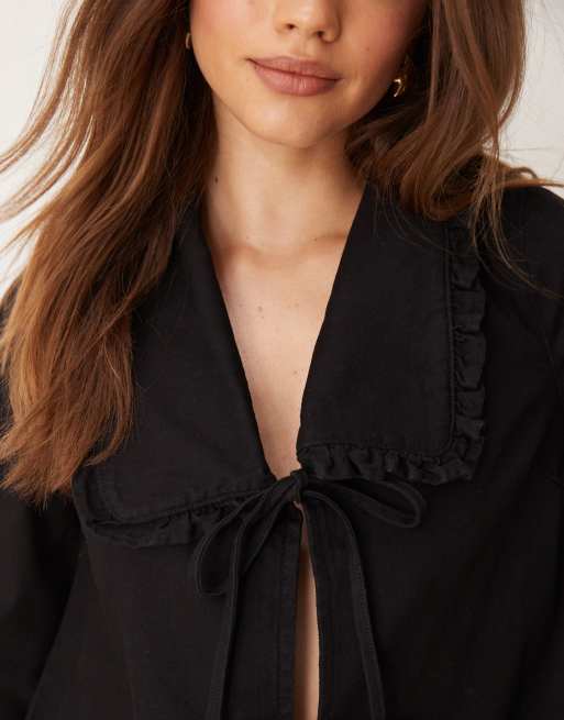 ASOS DESIGN denim frill collar top in black | ASOS