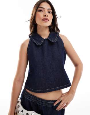 ASOS DESIGN ASOS DESIGN denim frill collar top in indigo-Blue