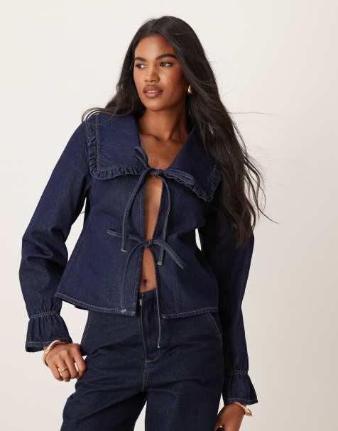 ASOS DESIGN denim frill collar top in indigo - view 1