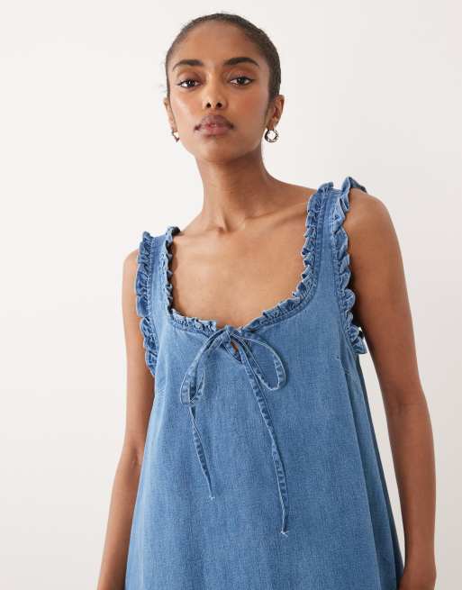 ASOS DESIGN denim frill detail mini dress with pockets in mid blue, 3 of 4