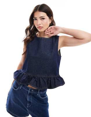 denim frill hem top in indigo-Blue