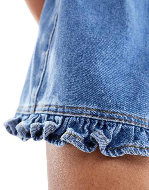 ASOS DESIGN denim frill short in mid blue | ASOS