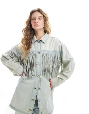 ASOS DESIGN denim fringe jacket in vintage wash-Blue