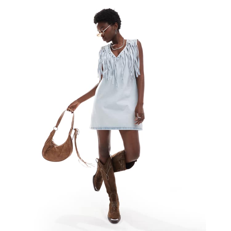 ASOS DESIGN denim fringe mini dress in light wash blue